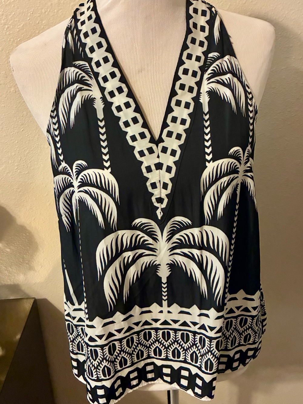 Rose & Olive Black and White Palm-Print Halter Top